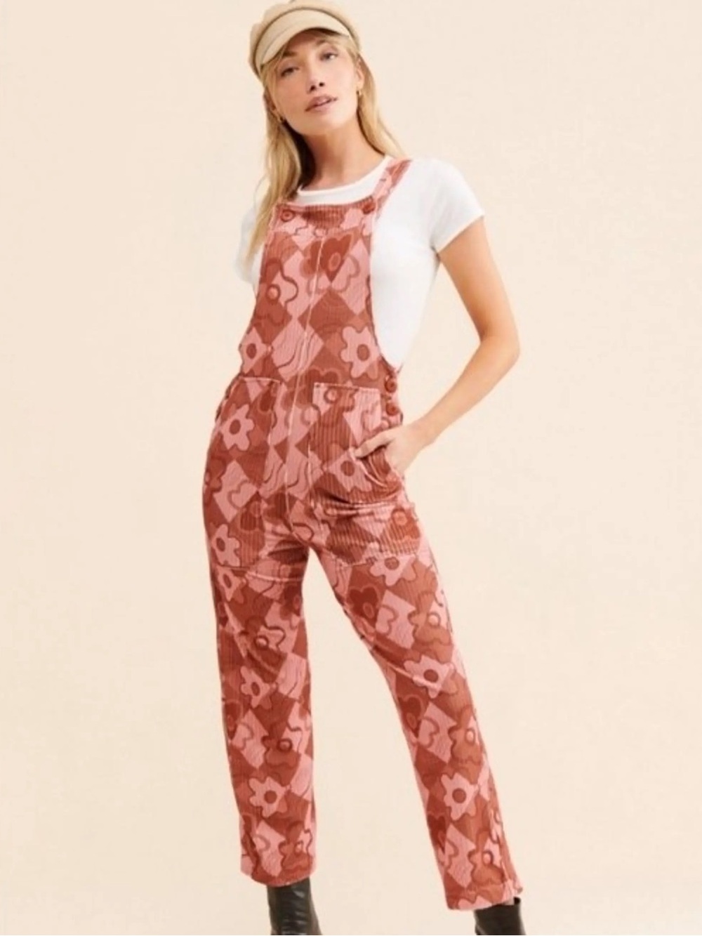 New Free People Dazey LA Pink & Rust Floral Corduroy Jumpsuit